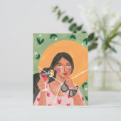 Mädchen mit Sommerhütte Sonnenbrille Blumentapete Postkarte (Stehend Vorderseite)