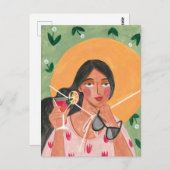 Mädchen mit Sommerhütte Sonnenbrille Blumentapete Postkarte (Vorne/Hinten)