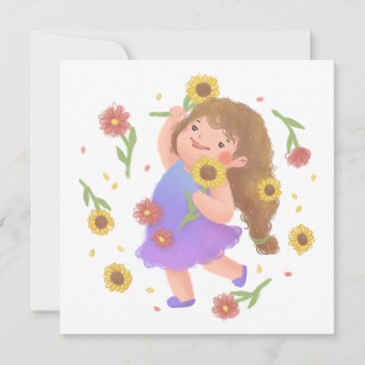 Mädchen mit Sonnenblumen-Illustration Einladung (Vorderseite)