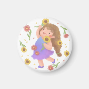 Mädchen mit Sonnenblumen-Illustration Magnet