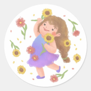 Mädchen mit Sonnenblumen-Illustration Runder Aufkleber