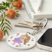 Mädchen mit Sonnenblumen-Illustration Schlüsselanhänger (Vorderseite rechts)
