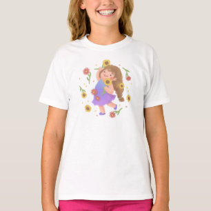 Mädchen mit Sonnenblumen-Illustration T-Shirt