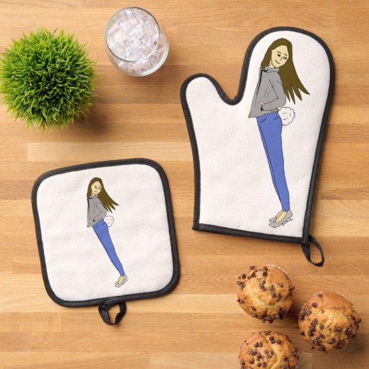 Mädchen mit sonnigen Schwänzen Ofenhandschuh & Topflappen-Set (Oben Unten)