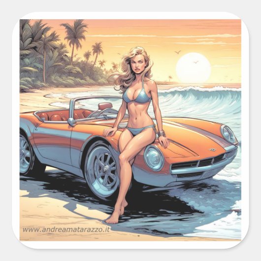 Mädchen mit Sportwagen Quadratischer Aufkleber (Vorderseite)