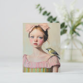 Mädchen mit süßem Vogel auf ihrer Schulter Postkarte (Stehend Vorderseite)