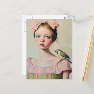 Mädchen mit süßem Vogel auf ihrer Schulter Postkarte