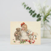 Mädchen mit Teddy und Lamm Postkarte (Stehend Vorderseite)