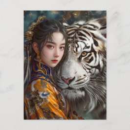 Mädchen mit Tiger Chinesischer Zodiac Art Postkarte