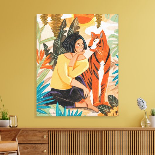 Mädchen mit Tigeruntergang-Dschungelposter Leinwanddruck (Insitu (Wohnzimmer))