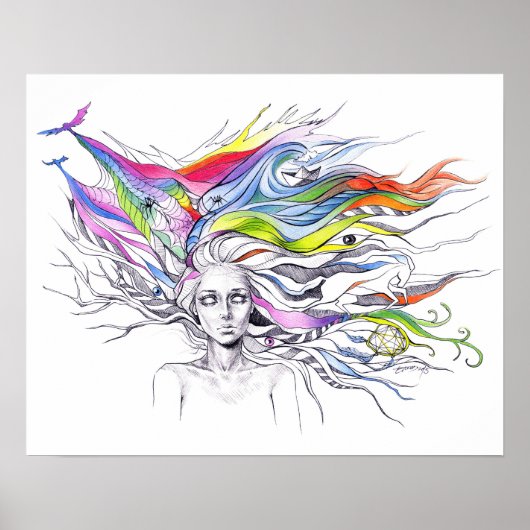 Mädchen mit Träumen in ihrem Haar Surreal Fantasy Poster (Vorne)
