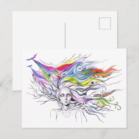 Mädchen mit Träumen in ihrem Haar Surreal Fantasy  Postkarte (Vorne/Hinten)