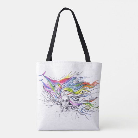 Mädchen mit Träumen in ihrem Haar Surreal Fantasy Tasche (Rückseite)