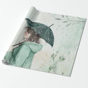 Mädchen mit türkisfarbenem Regenschirm Regen Garte Geschenkpapier