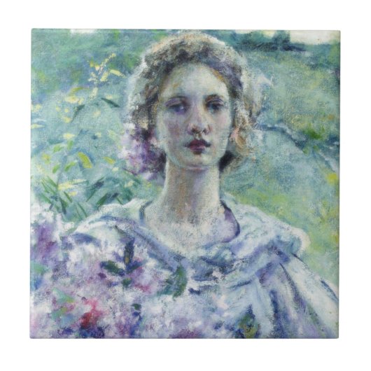 Mädchen mit violetten Blumen (von Robert Reid) Fliese (Vorderseite)