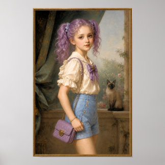 Mädchen mit violetter Farbe und Siamkatze Poster