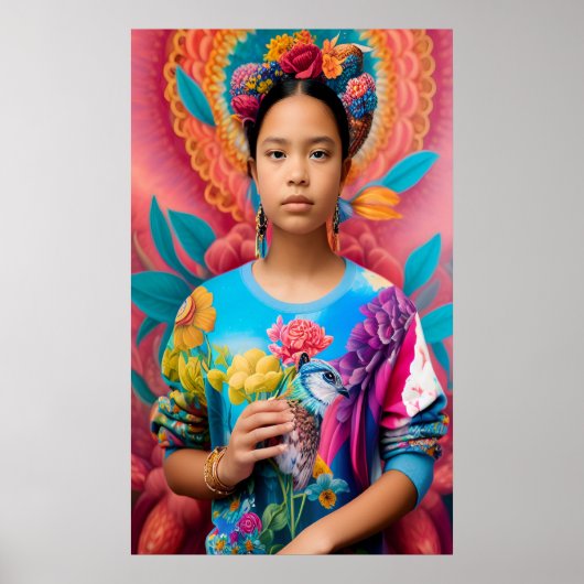 Mädchen mit Vogel und Blumenpulli Poster (Vorne)