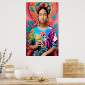 Mädchen mit Vogel und Blumenpulli Poster (Küche)