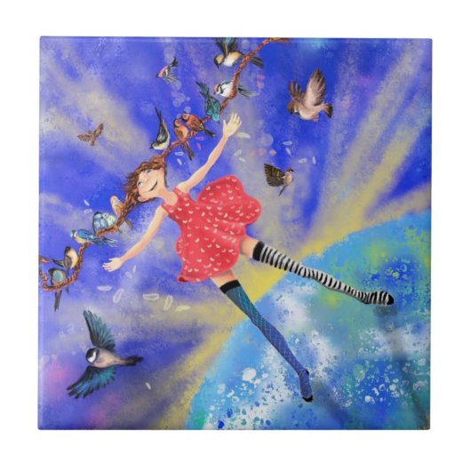 Mädchen mit Vogelfantasie-Keramik Fliese (Vorderseite)