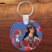 Mädchen mit Vögeln und Roter Blume Schlüsselanhänger (Rückseite)
