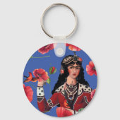 Mädchen mit Vögeln und Roter Blume Schlüsselanhänger (Rückseite)