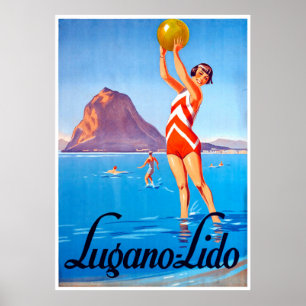Mädchen mit Wasserball am Luganersee, Schweiz Poster