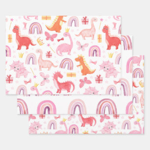 Mädchen mit Wasserfarbe Rosa Dinosaurier Boho Rege Geschenkpapier Set