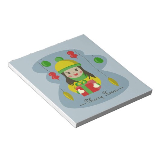 Mädchen mit Weihnachts-Geschenkboxen Notizblock (angewinkelt)