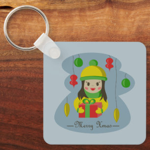 Mädchen mit Weihnachts-Geschenkboxen Schlüsselanhänger