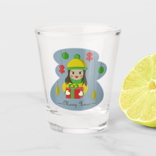 Mädchen mit Weihnachts-Geschenkboxen Schnapsglas (Vorderseite)
