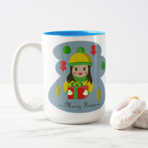 Mädchen mit Weihnachts-Geschenkboxen Zweifarbige Tasse