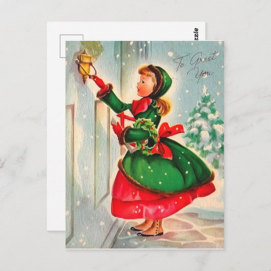 Mädchen mit Weihnachtskranz an der Tür Postkarte (Vorne/Hinten)