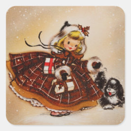 Mädchen mit Weihnachtswelpen Quadratischer Aufkleber