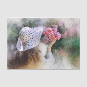 Mädchen mit weißem Hut riecht rosa Rosen Seidenpapier