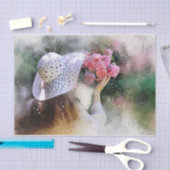 Mädchen mit weißem Hut riecht rosa Rosen Seidenpapier (Handwerk)