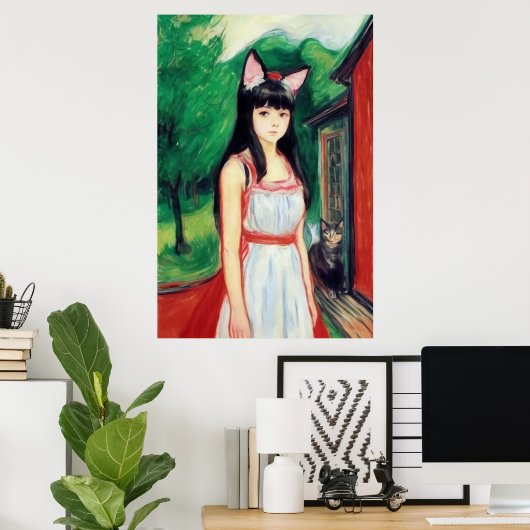 Mädchen mit weißem Kleid und Katzenohren | Art der Poster (Heimbüro)