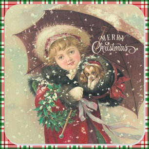 Mädchen mit Welpe in ihrem Muff Vintage Weihnachte Quadratischer Aufkleber