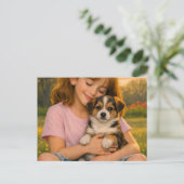 Mädchen mit Welpen Termin-Erinnerung Postkarte (Stehend Vorderseite)