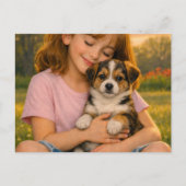 Mädchen mit Welpen Termin-Erinnerung Postkarte (Vorderseite)