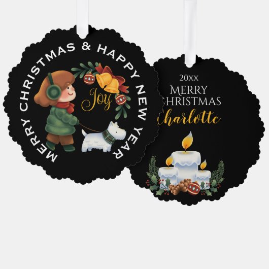 Mädchen mit White Scottie Dog, PERSONALISIERT Chri Ornament Karte (Vorderseite/Rückseite)