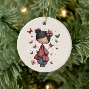 Mädchen mit Zauberstab und Schmetterlingen Niedlic Keramik Ornament