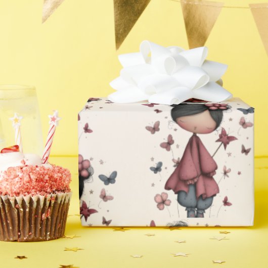 Mädchen mit Zauberstab und Schmetterlingsmuster Geschenkpapier (Geburtstagsparty)