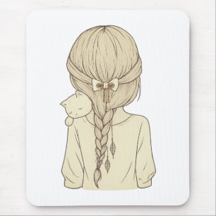 Mädchen mit Zopf und Katzenillustration – sanfte P Mousepad