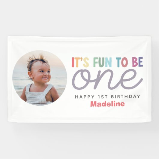 Mädchen modernes Regenbogen-Foto 1. Geburtstag Banner (Horizontal)