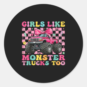 Mädchen mögen auch Monstertrucks rosa Schleifen-Tr Runder Aufkleber
