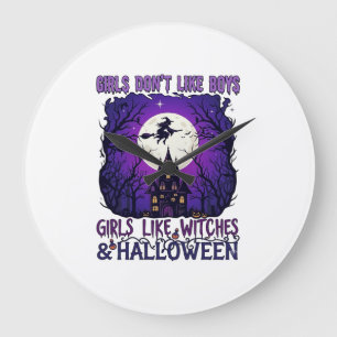 Mädchen mögen keine Hexen-Jungs Halloween Spukhaus Große Wanduhr