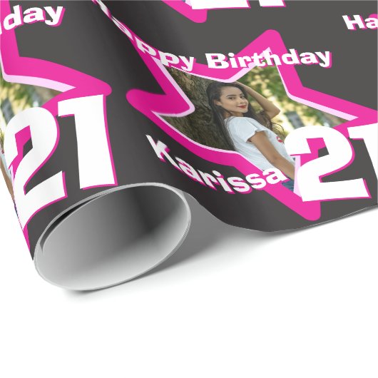 Mädchen Namen 21 hinzufügen Ihr Foto rosa Sternmus Geschenkpapier (Rolleneckpunkt)