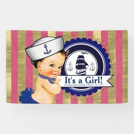 Mädchen Nautical Navy Blue Pink Gold Baby Dusche Banner (Horizontal)