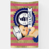 Mädchen Nautical Navy Blue Pink Gold Baby Dusche Banner (Vertikal)