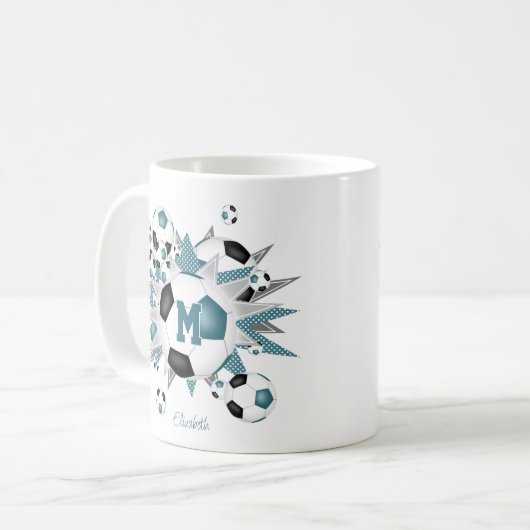 Mädchen nennen Fußballbälle Sterne aquamarin schwa Kaffeetasse (Vorderseite Links)